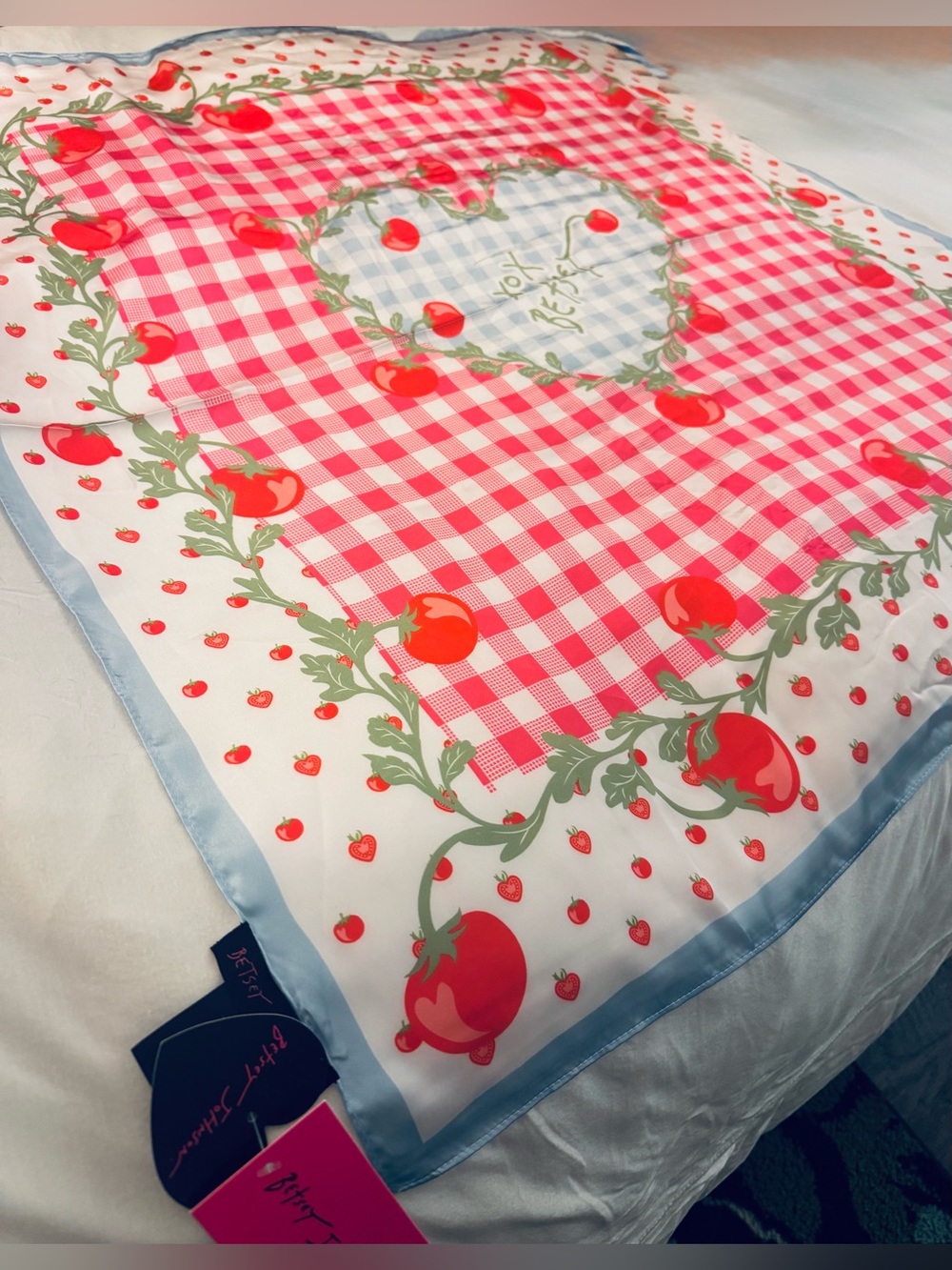 Betsey Johnson Tomato Gingham Square Scarf - Red Blue 35” x 35” - Picture 6 of 16